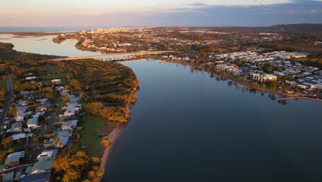 Aerial-Towards-Talep-Bridge-Across-Maroochy-River-At-Sunset-In-Queensland,-Australia