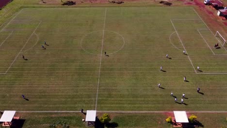 Cinematic-video-revealing-soccer-players-warming-up-on-green-outdoor-field-in-the-afternoon