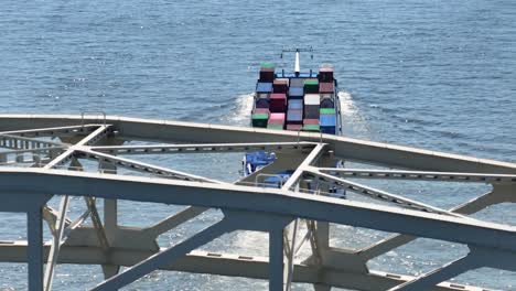 Amazone-Cargo-Ship-Crossing-Under-Truss-Bridge-Over-The-River-Noord-At-Alblasserdam,-Netherlands