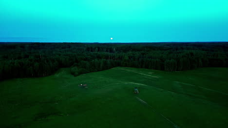 A-Smooth-Reveal-Shot-Of-A-Green-Landscape-With-A-Forest-Line-At-Twilight