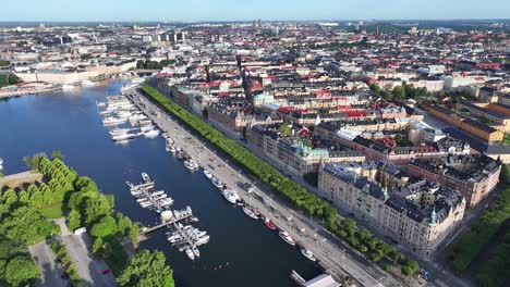 Amazing-aerial-of-Strandvagen-notable-historic-street-with-waterfront-promenade