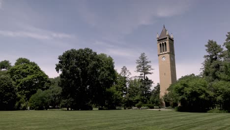 Stanton-Memorial-Carillon-Campanile-on-the-campus-of-Iowa-State-University-in-Ames,-Iowa-with-gimbal-video-panning-left-to-right