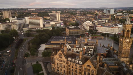 Rising-Establishing-Drone-Shot-Over-Bradford-City-Centre-at-Sunrise