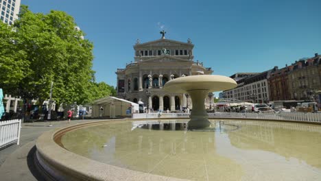 Panoramic-View-Of-Alte-Oper-Concert-Hall-With-Fountain-In-Frankfurt-am-Main,-Hesse,-Germany
