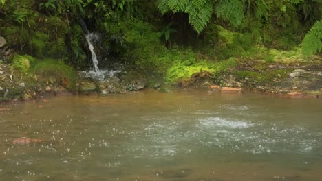 Fresh-water-streaming-into-a-pool-at-the-the-volcanic-hot-springs-at-Ribeira-Grande,-Caldeira-Velha-Natural-Monument