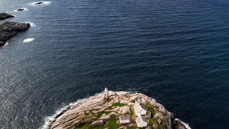 Aerial-of-a-lighthouse-on-the-tip-of-Henningsvaer-in-Lofoten,-Norway