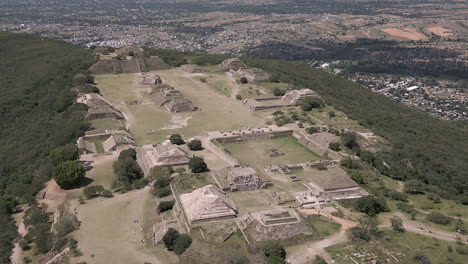 Aerial-slowly-orbits-ancient-hilltop-Zapotec-site-of-Monte-Alban,-MX