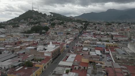 Low-flyover-of-old-town-section-of-Oaxaca-City-in-southern-Mexico