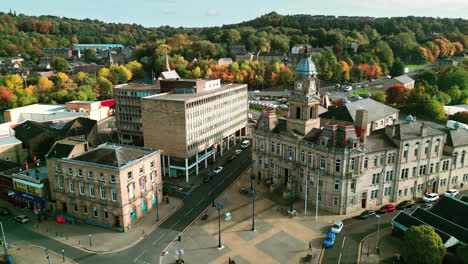 Aerial-drone-footage-of-the-English-market-town-centre-of-Dewsbury-in-West-Yorkshire-in-the-UK-showing-the-historical-town-centre-and-the-Dewsbury-townhall