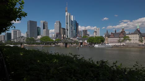 Pan-Up-From-Riverside-Bushes-With-View-Of-Eiserner-Steg-And-Financial-District-Of-Frankfurt-In-Background