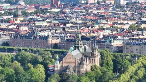 Stunning-panoramic-view-of-Nordic-Museum-and-Strandvagen-Streen-promenade-in-Stockholm,-Sweden