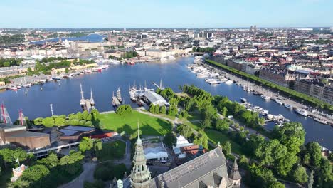 Beautiful-reveal-of-Vasa-and-Nodiska-Museum,-aerial-cityscape-of-Stockholm,-Sweden,-Scandinavia