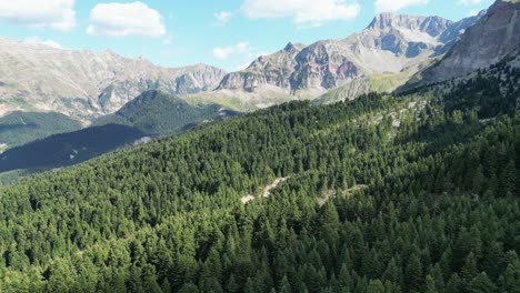 Mountain-Peaks-and-Green-Pine-Tree-Forest-in-Tzoumerka-National-Park,-Ioannia,-Epirus,-Greece---Aerial