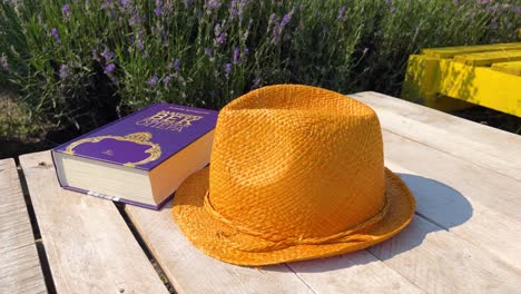Close-up-of-orange-hat-and-book-on-pallet-table-against-lavender-background