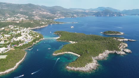 Syvota-Coast,-Island-and-Village-in-Epirus,-Greece-Mainland---Aerial