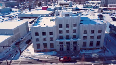 4K-Drone-Video-of-Gothic-Post-Office-Building-in-Downtown-Fairbanks-Alaska-on-Snowy-Winter-Day