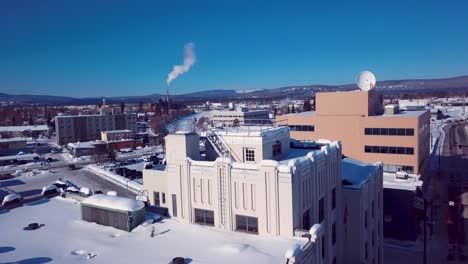 4K-Drone-Video-of-Gothic-Courthouse-Square-Building-in-Downtown-Fairbanks-Alaska-on-Snowy-Winter-Day