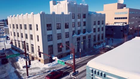 4K-Drone-Video-of-Courthouse-Square-Building-in-Downtown-Fairbanks-Alaska-on-Snowy-Winter-Day
