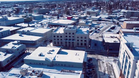 4K-Drone-Video-of-Courthouse-Square-Building-in-Downtown-Fairbanks-Alaska-on-Snowy-Winter-Day