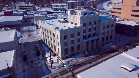 4K-Drone-Video-of-Art-Deco-Post-Office-Building-in-Downtown-Fairbanks-Alaska-on-Snowy-Winter-Day