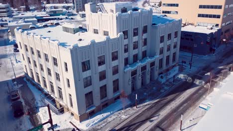 4K-Drone-Video-of-Post-Office-Building-in-Downtown-Fairbanks-Alaska-on-Snowy-Winter-Day