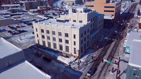 4K-Drone-Video-of-Historic-Post-Office-Building-in-Downtown-Fairbanks-Alaska-on-Snowy-Winter-Day