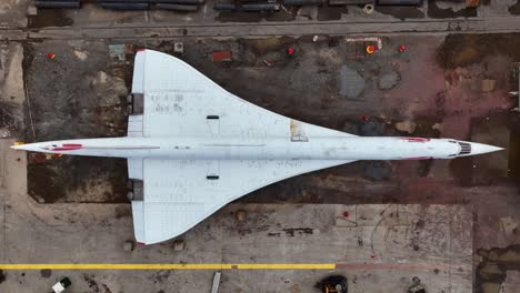 A-top-down-view-of-the-retired-British-Airways-Concorde-at-the-Brooklyn-Navy-Yard,-waiting-to-be-restored