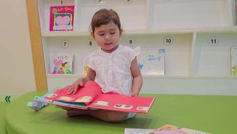 Niña-De-3-Años-Leyendo-Y-Pasando-La-Página-De-Un-Libro-Infantil-Mientras-Está-Sentada-En-El-Suelo
