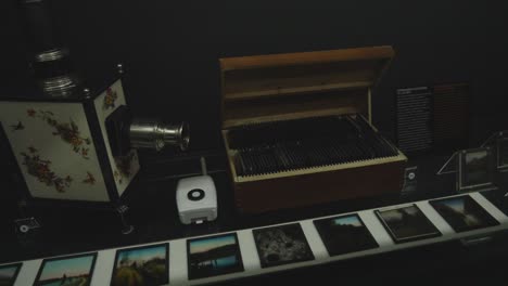 exhibition-of-old-photographic-cameras,-showcasing-the-evolution-of-photography-technology-over-time-Inside-National-Technical-Museum-in-Prague,-Czech-Republic