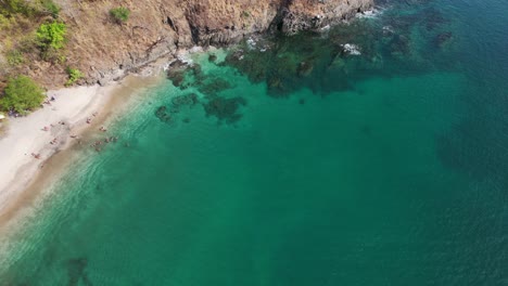 Rocky-Coast-With-Beach-Shore,-Scenic-Costa-Rica-Aerial-Drone-Flyover,-4K