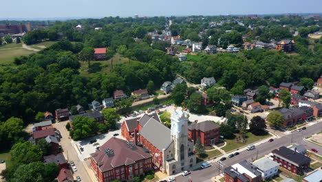 Aerial-view-around-the-Cathedral-of-St-Raphael-of-Dubuque,-sunny-day-in-Iowa,-USA