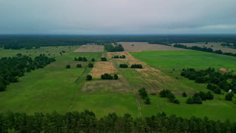 Agriculture-fields-and-forest-of-Latvia-landscape,-aerial-drone-view