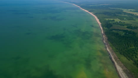 Baltic-with-clouds-shadows-and-sandy-beach,-aerial-drone-view