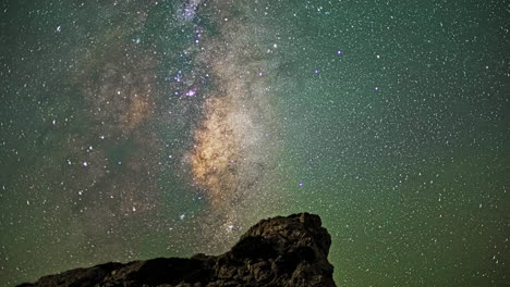 Timelapse-Depicts-the-Milky-Way-Galaxy's-Movement-Across-the-Night-Sky,-Infusing-Rocks-Below-with-a-Soft-Emerald-Radiance