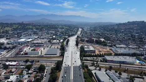 Wide-angle-establishing-drone-shot-Californian-city-in-hot-summer-sun