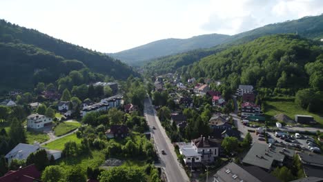 Aerial-View-of-Road-in-Stunning-Mountains-Landscape,-Drone-Shot-of-"Szczyrk
