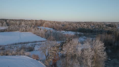 Snow-covered-fields-and-forest-from-an-aerial-view