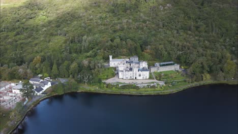 Kylemore-Abbey-Castle,-Tourist-Attraction-in-Beautiful-Galway,-Ireland---Aerial