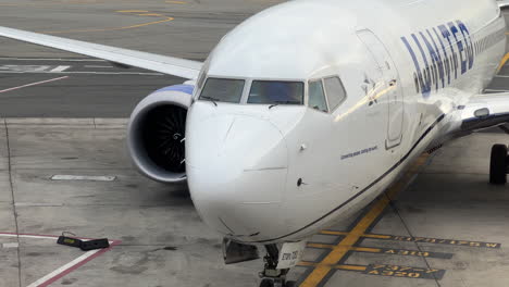 Avión-Boeing-737-800-De-United-Rodando-Hasta-La-Puerta-De-Embarque-En-El-Aeropuerto-De-Newark-Y-Deteniéndose-Por-Completo-Con-El-Control-Del-Personal-De-Tierra