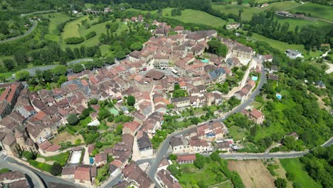 Establishing-aerial-shot-Belves-town--Dordogne-France
