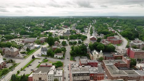 Aerial-view-of-Bangor,-Maine's-modest-city-streets-on-an-overcast-day