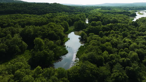 Drone-Flight-Over-Lush-Green-Forests-Surrounding-Lake-Sequoyah-In-AR,-United-States