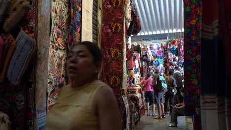 Slow-motion-shot-showing-a-woman-walking-down-an-alley-within-a-Mexican-Market