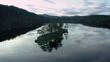 Perfect-mirror-image-in-calm-lake-water-of-small-island-with-trees,-aerial-dolly