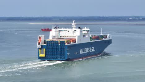 Aerial-View-of-Wallenius-Sol-Cargo-ship-at-Westerschelde-Estuary,-Zelanda-Netherlands