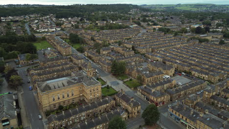 Establishing-Drone-Shot-Over-Saltaire-Terraced-Houses-and-Victoria-Hall
