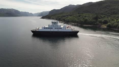 Aerial-Side-View-of-a-Car-Ferry-Crossing-a-Beautiful-Fjord-in-Norway,-Lauvvika-Oanes,-Near-Stavanger,-Summer-Sunny-Day
