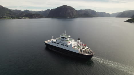 Aerial-Bird-View-of-a-Car-Ferry-Crossing-a-Beautiful-Fjord-in-Norway,-Lauvvika-Oanes,-Near-Stavanger,-Summer-Sunny-Day