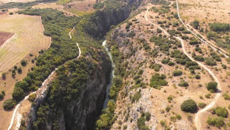 Aggitis-Canyon-Gorge-Aerial-Shot-Following-the-River-and-Sidewalk,-Serres-Greece-Natural-Landmark