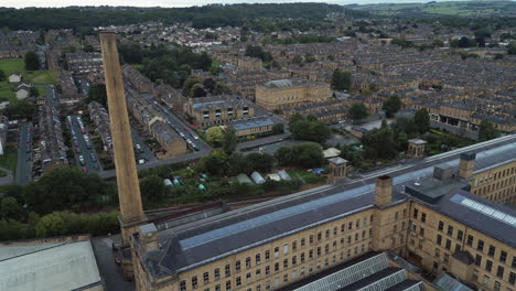 Establishing-Drone-Shot-of-Salts-Mill-Chimney-and-Saltaire-Village